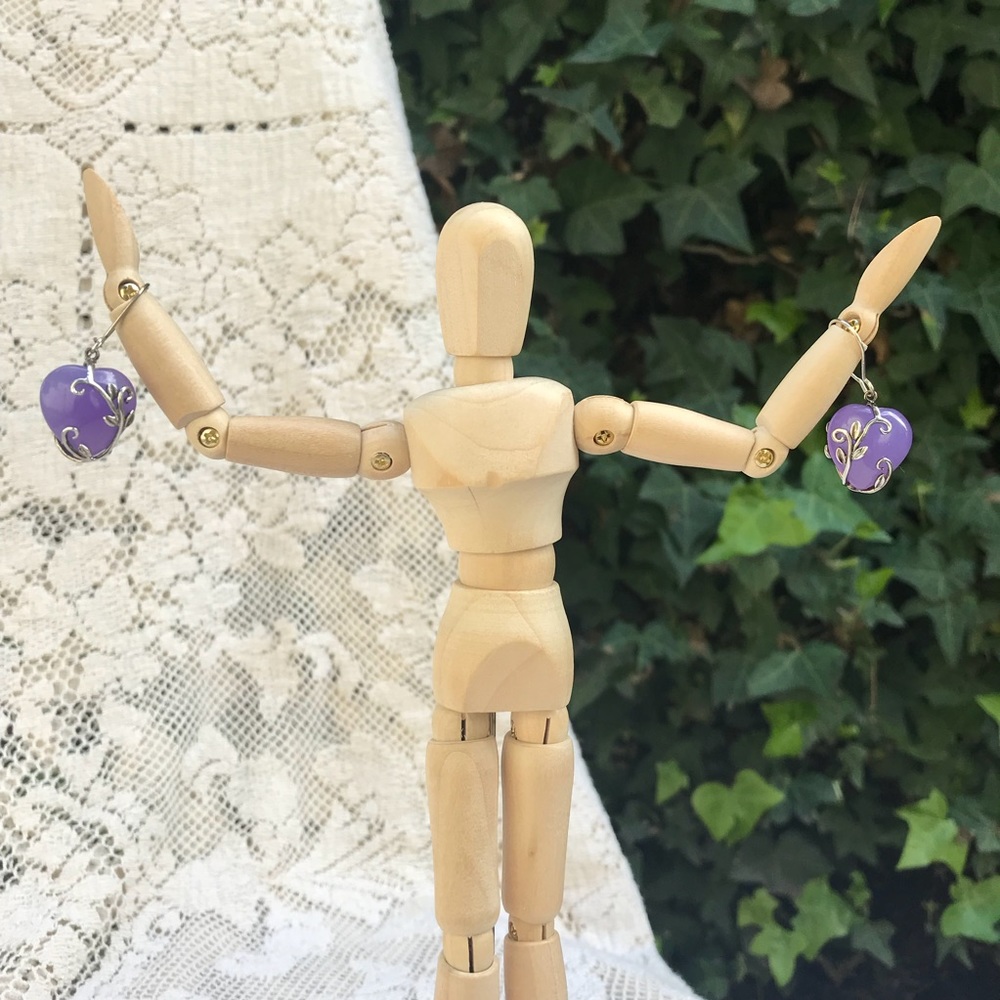 Silver and glass heart earrings dangly